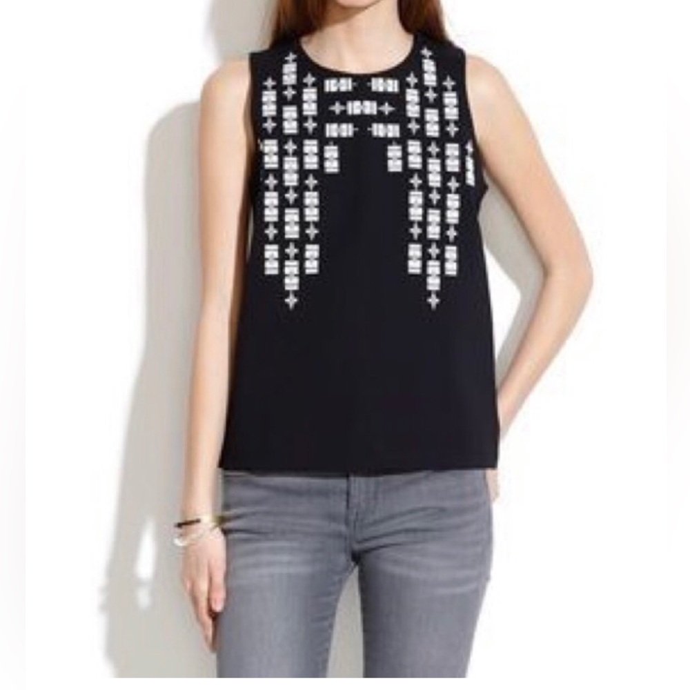 Madewell Black and White Embellished Sleeveless Tank perfect condition
